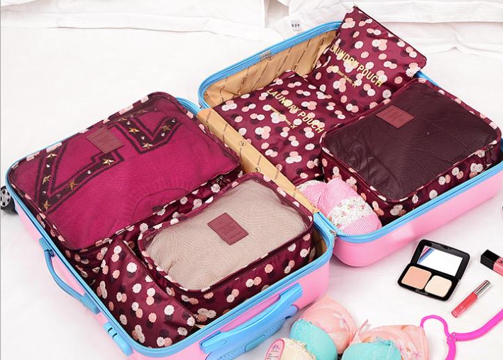 韩版旅行收纳包6件套 防水衣服整理包bags 旅行收纳袋 收纳六件套 花布六件套白底实物图