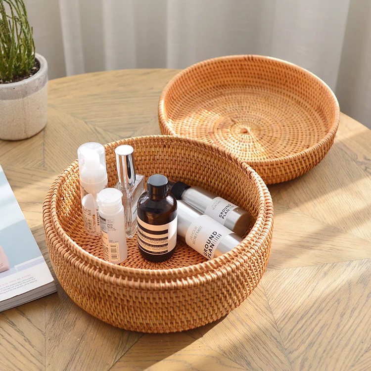 天然纯手工越南藤编带盖提环收纳罐