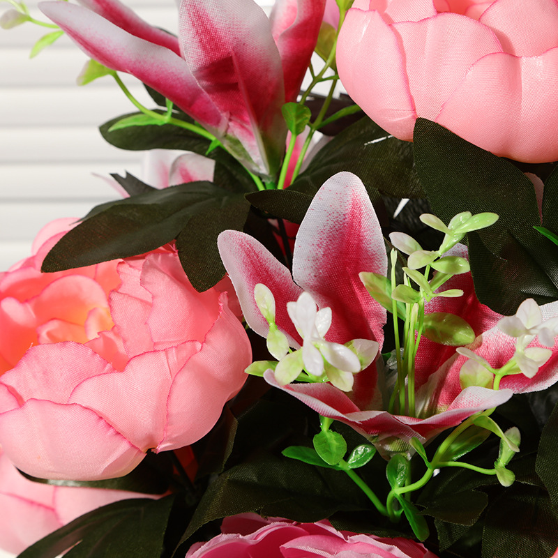 Factory direct sales of blooming pink rose everlasting flowers for home and living room decoration, silk fabric artificial flower bouquets, 18-head peony and lily combination flowers undefined