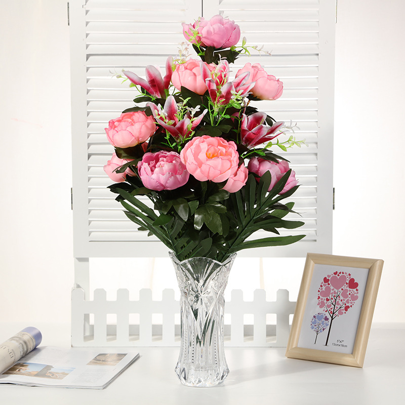 Factory direct sales of blooming pink rose everlasting flowers for home and living room decoration, silk fabric artificial flower bouquets, 18-head peony and lily combination flowers details Picture