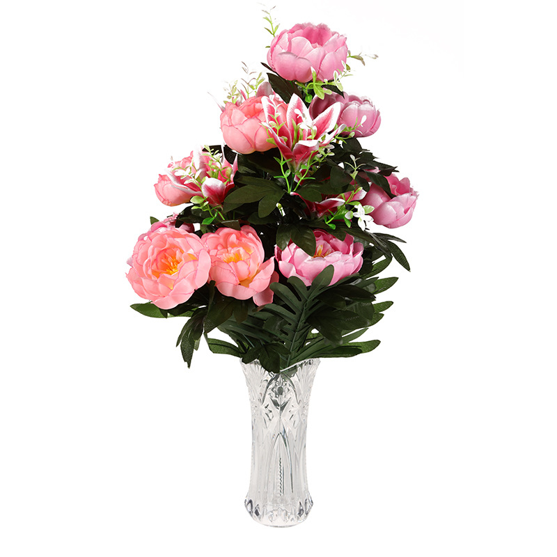Factory direct sales of blooming pink rose everlasting flowers for home and living room decoration, silk fabric artificial flower bouquets, 18-head peony and lily combination flowers Specification image