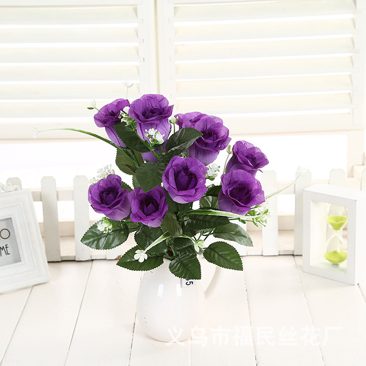 义乌福民丝厂10头吉祥蕾影楼拍摄玫瑰 商场橱窗花仿真假花 仿真千层玫瑰假花绢花家居饰品摄影婚庆道具花球路引仿真花艺细节图