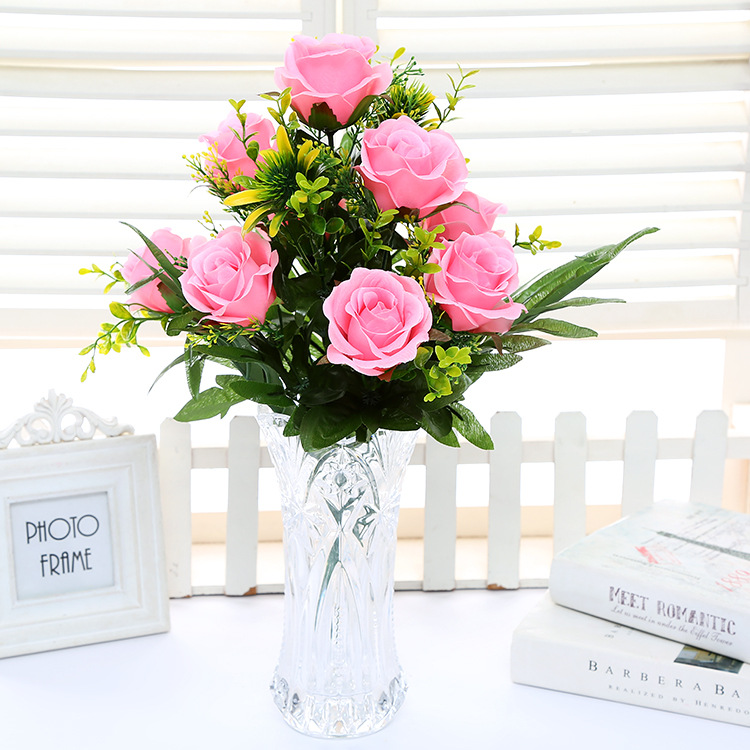 14头玫瑰花厂家直销一手货源新款仿真花热卖产品婚庆用品道具
