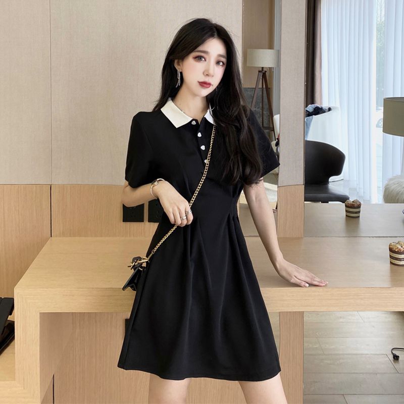 Retro Korean style petite sweet egg French first love bellflower dress summer contrasting color polo collar little black dress details Picture