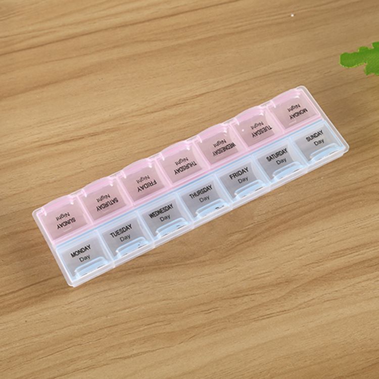 A multi-language customized English printed 2-row 14-compartment medicine box storage box and portable organization box