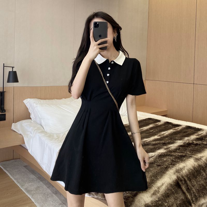 Retro Korean style petite sweet egg French first love bellflower dress summer contrasting color polo collar little black dress