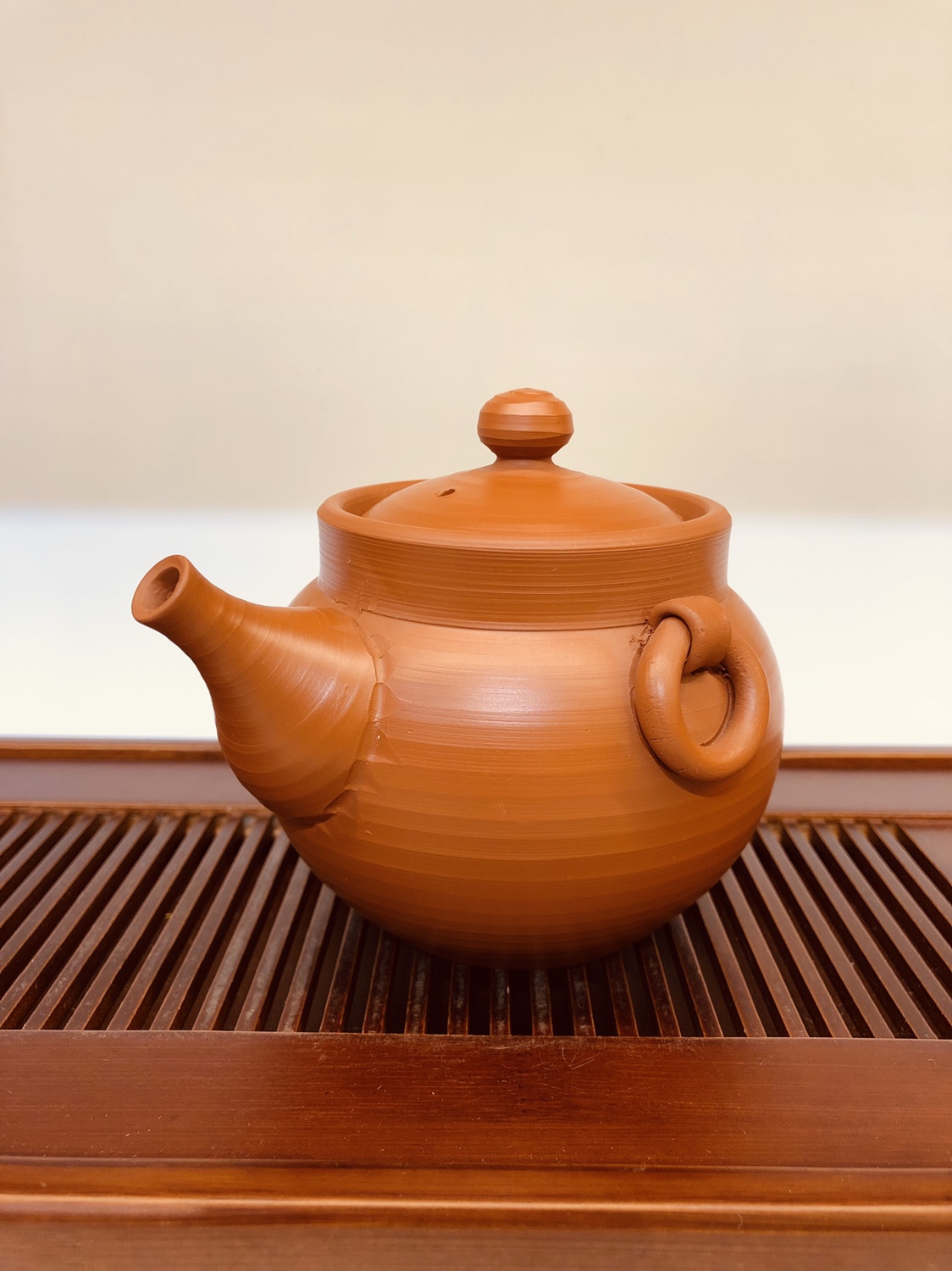 日本常滑烧急须  中州手造 老朱泥手环付手抓宝瓶壶白底实物图