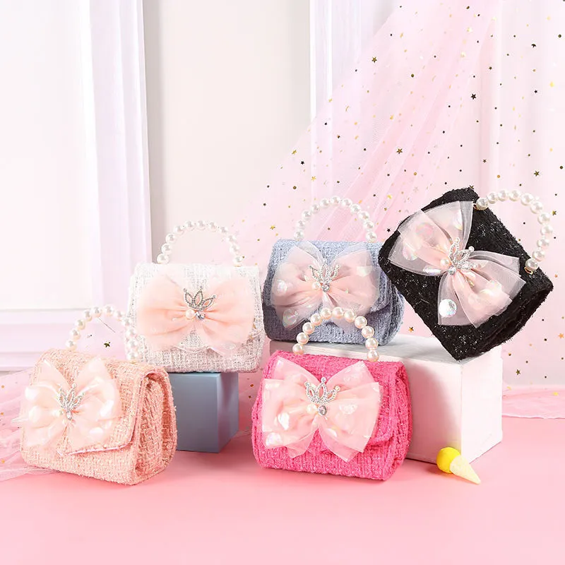Small Fragrance Crown Colorful Bow Fashion Trend Hand Pearl Diagonal Girls Mini Bag 714