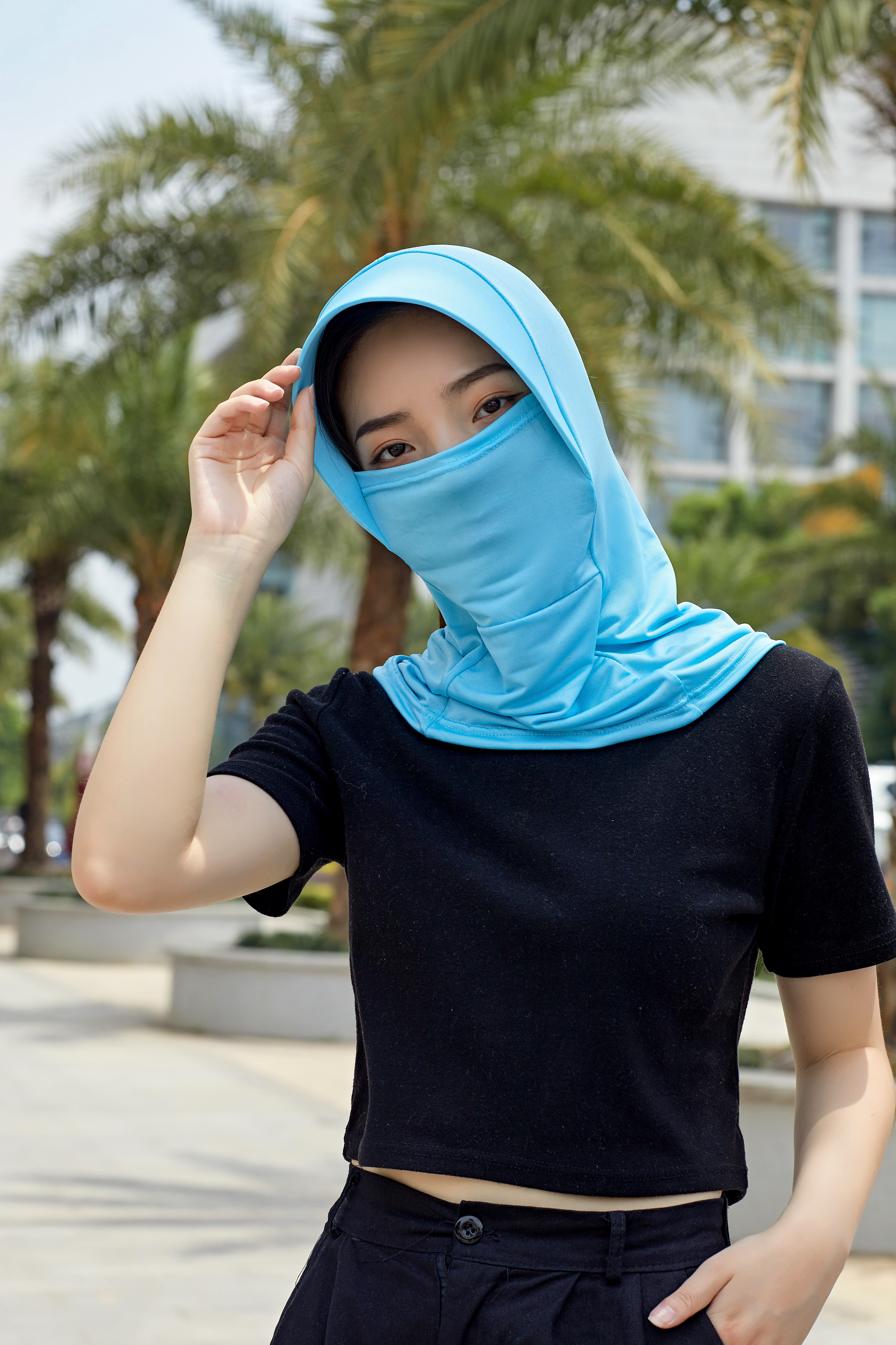 厂家直销防晒面纱帽口罩一体女防紫外线全脸冰丝遮阳脸颈透气面罩细节图