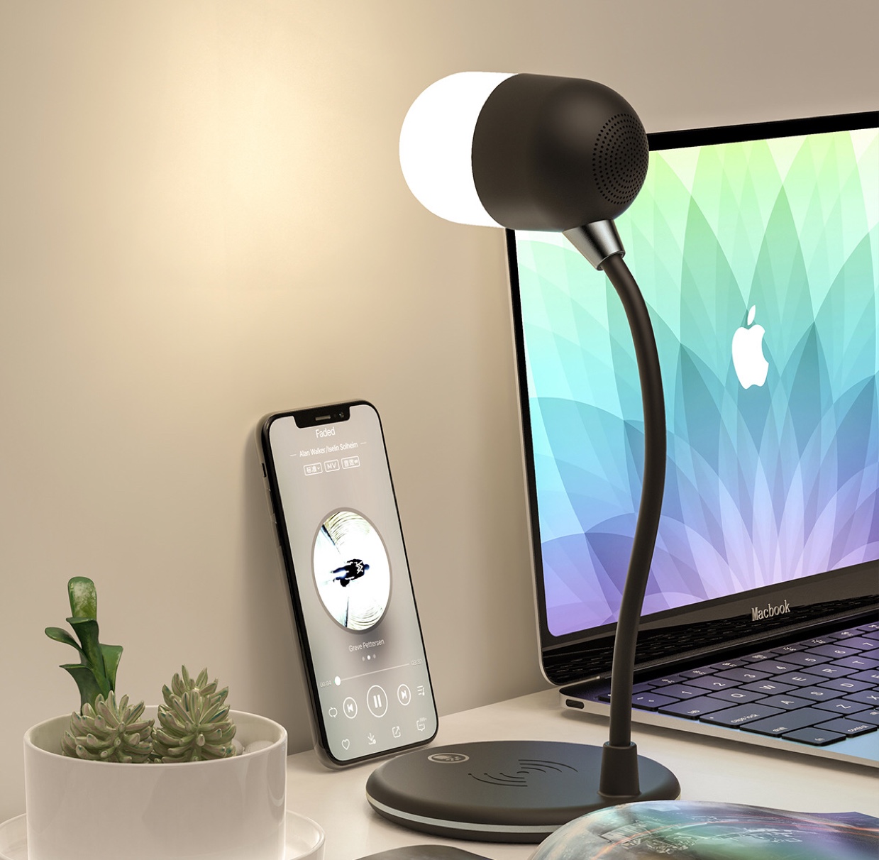 Wireless charging audio desk lamp