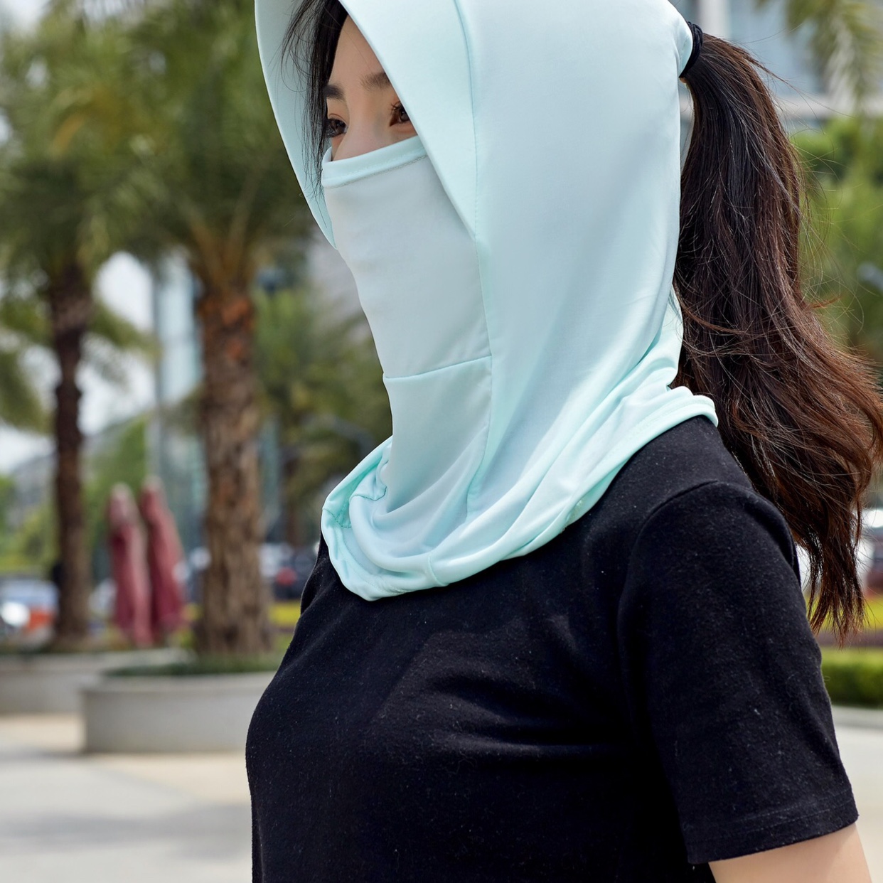 厂家直销防晒面纱帽口罩一体女防紫外线全脸冰丝遮阳脸颈透气面罩