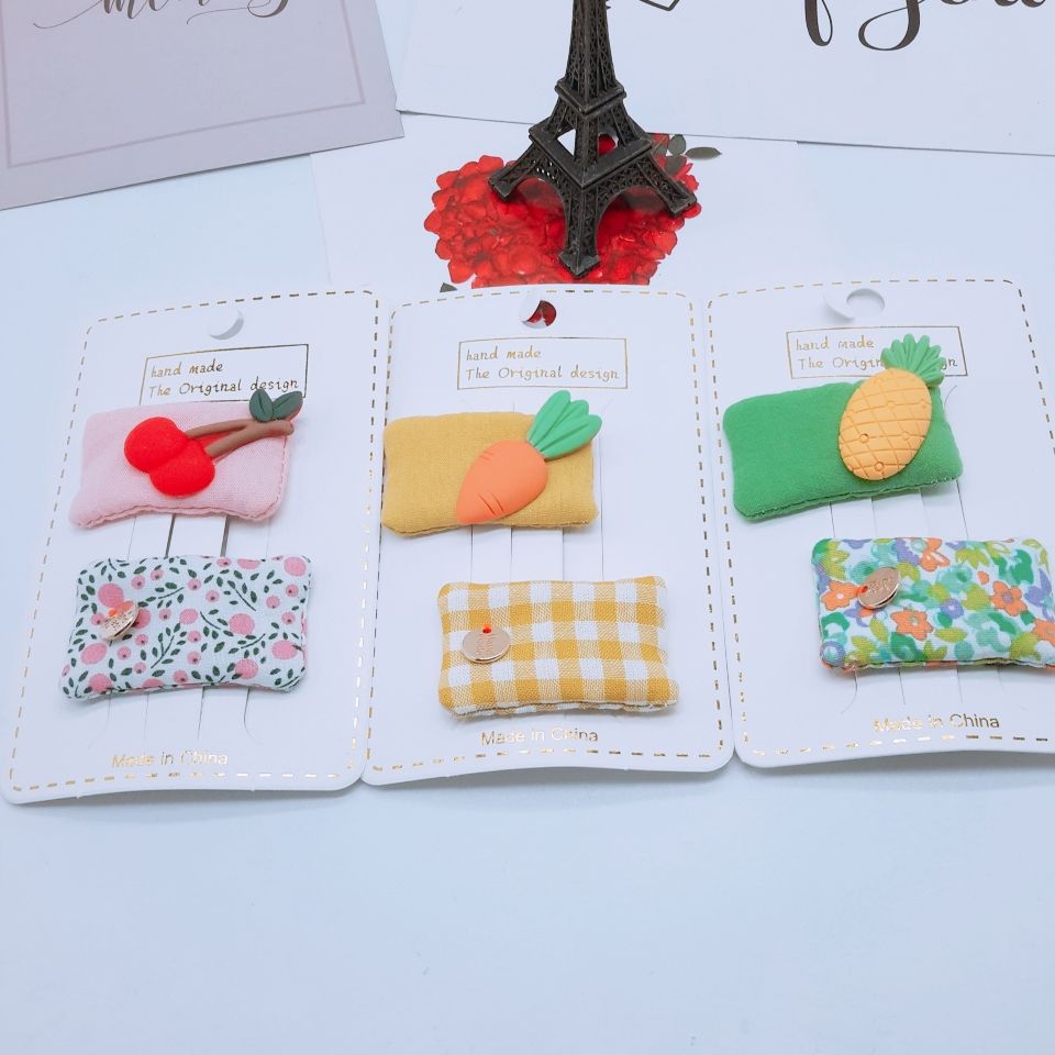 Korean cute floral fruit hairpin ~ plaid fabric girls matching color clip ~ children's BB clip headwear full figure