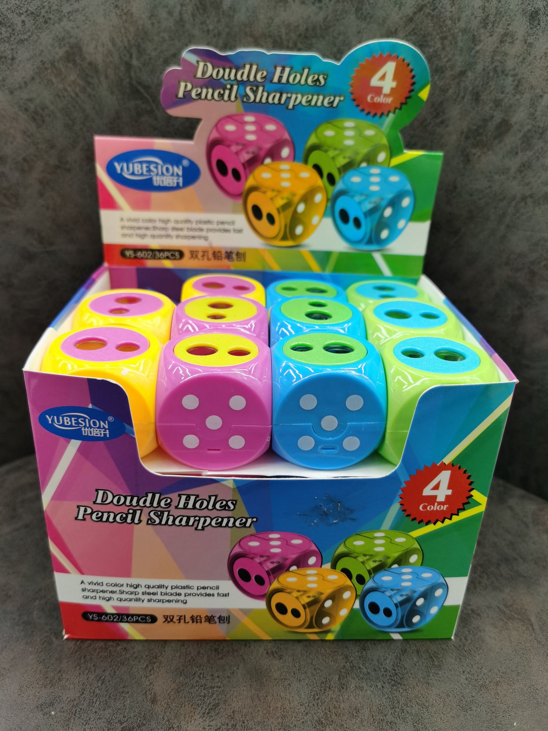 Dice pencil sharpener with transparent design, double holes, creative large and small hole pencil sharpener, student office stationery, manual pencil sharpener Item Picture