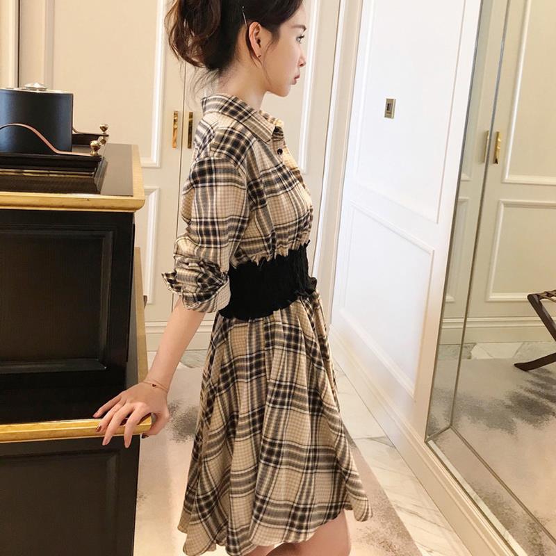 The new autumn long-sleeved POLO dress for women, with a cinched waist and a slimming look, is elegant and stylish. The checked shirt dress is a popular skirt Specification image