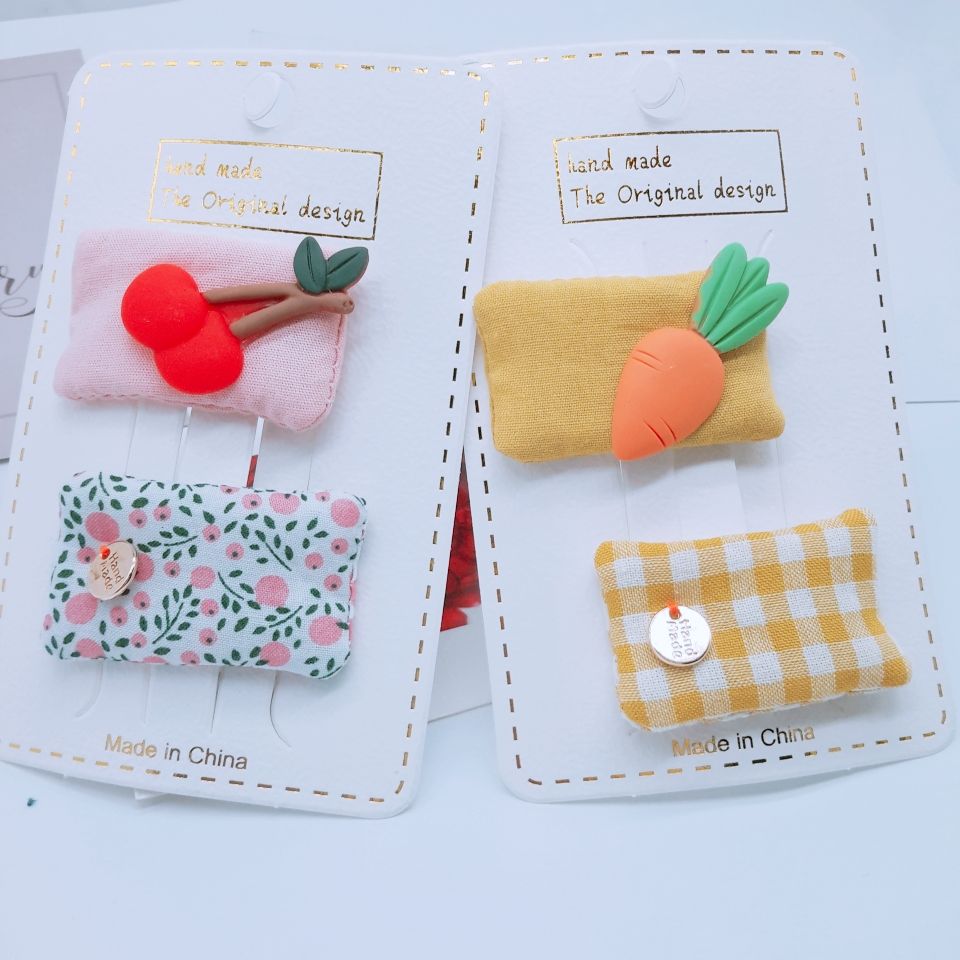 Korean cute floral fruit hairpin ~ plaid fabric girls matching color clip ~ children's BB clip headwear details Picture