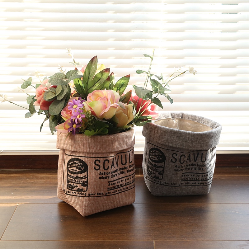 Cotton Linen Small Desktop Storage Basket, Waterproof Art Flower Pot