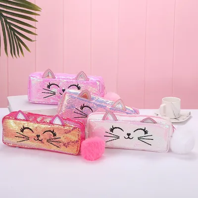 New Mermaid Glitter Unicorn Pen Bag Makeup Bag Student Cat Cartoon Embroidery Kids Bag