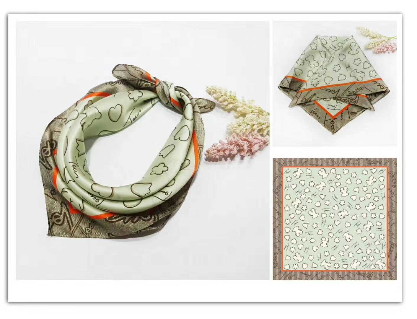 Khaki cute cookie bear pattern silk square scarf long shawl scarf