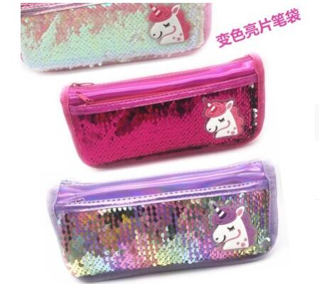Unicorn pen bag, fish-scale-colored glitter pen box, soft double-layer large-capacity pencil box, cute pencil bag girl