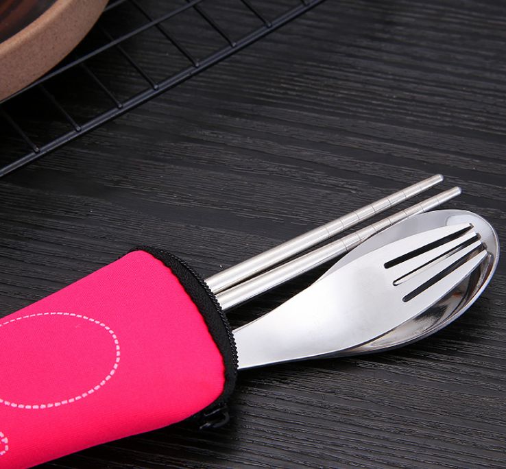 Handy cutlery set spoon fork chopsticks three-piece diving bag canvas bag travel set stainless steel cutlery