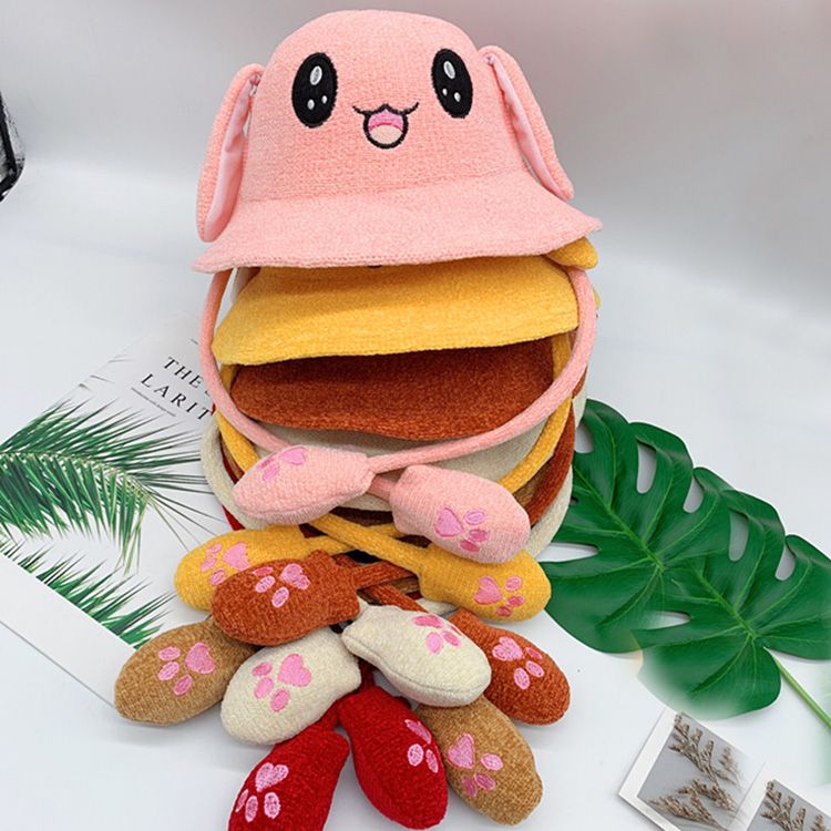 新款亲子儿童雪尼尔抖音同款耳朵会动的兔子渔夫帽秋冬款宝宝盆帽