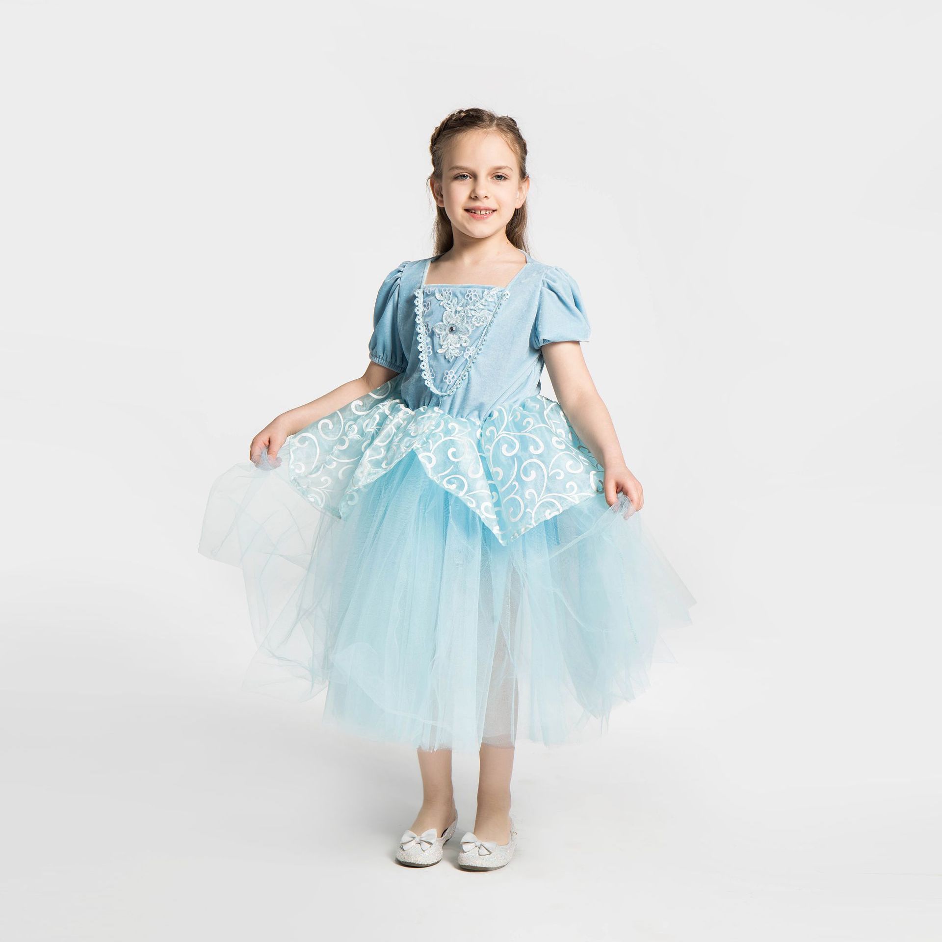 跨境爆款万圣节儿童服饰灰姑娘扮演公主裙蓬蓬裙白底实物图