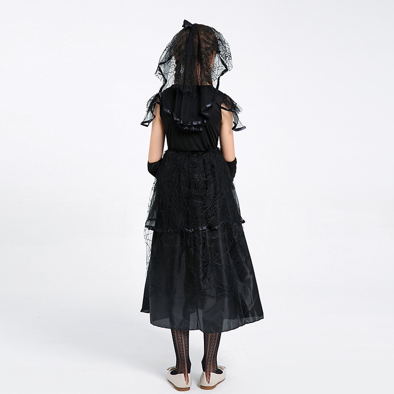 跨境爆款 万圣节儿童扮演服黑暗新娘演出连衣裙白底实物图