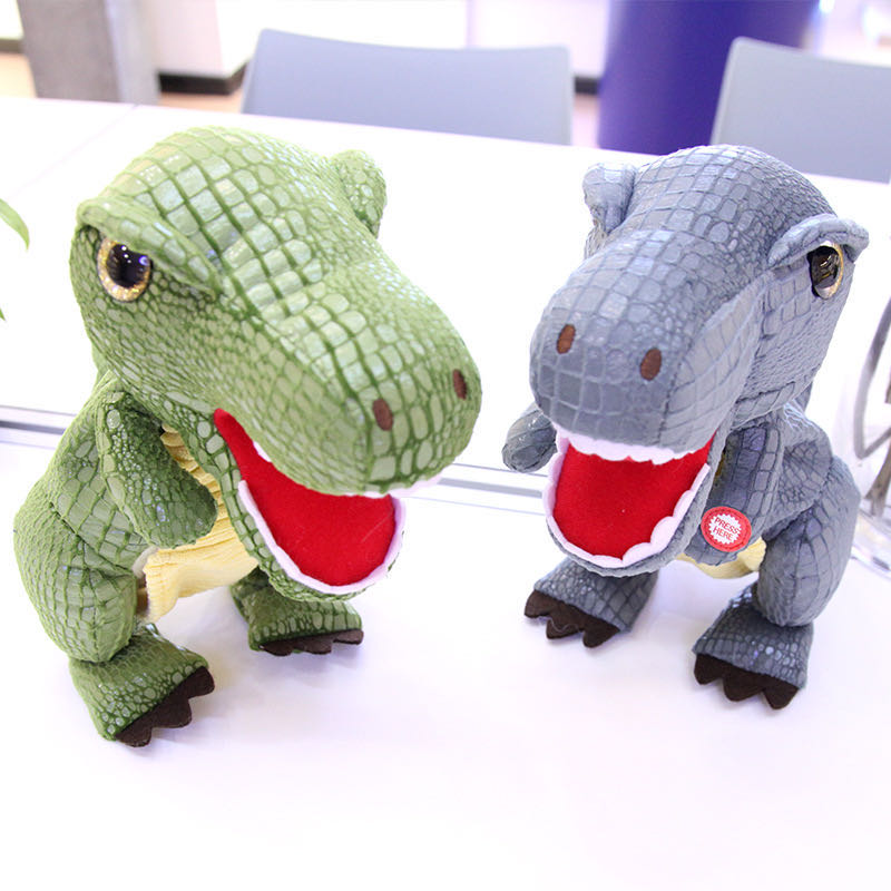 The new plush dinosaur toy is electric, walking and moving, with a Tyrannosaurus rex roaring