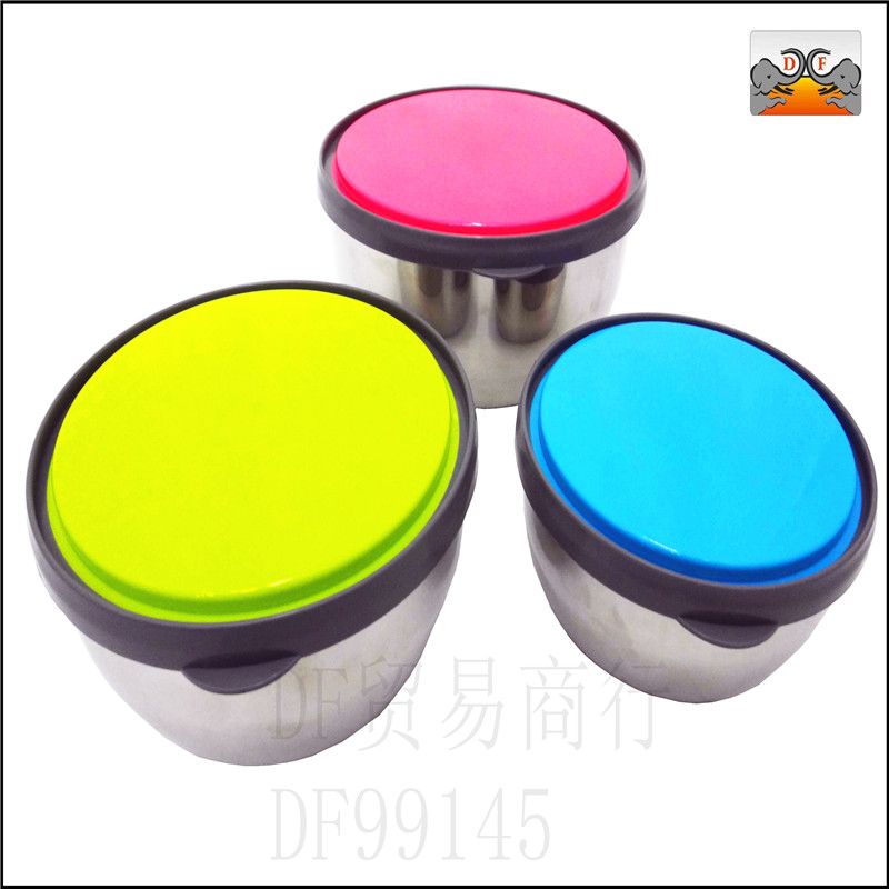 DF99145 Fresh-keeping box Stainless steel round fresh-keeping box Food-grade sealed lunch box Refrigerator Freezer storage box Fresh-keeping bowl three-piece set DF TRADING HOUSE