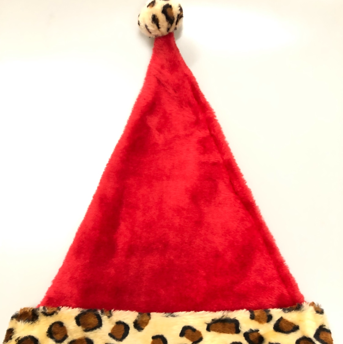 A plush leopard print Christmas hat
