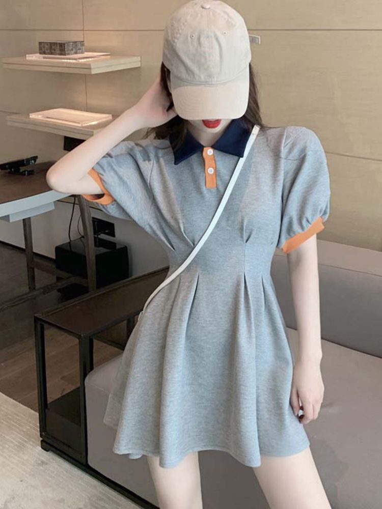 新款休闲拼色polo领收腰显瘦气质连衣裙泡泡袖裙子超仙女森系