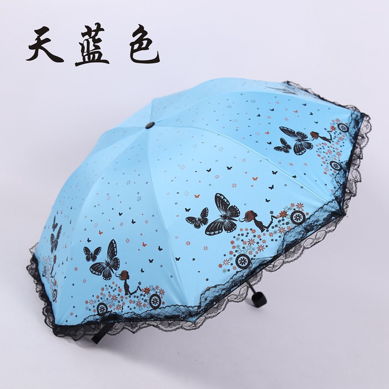 香车美女蝴蝶纷飞防紫外线太阳伞 折叠黑胶防晒广告伞定做产品图