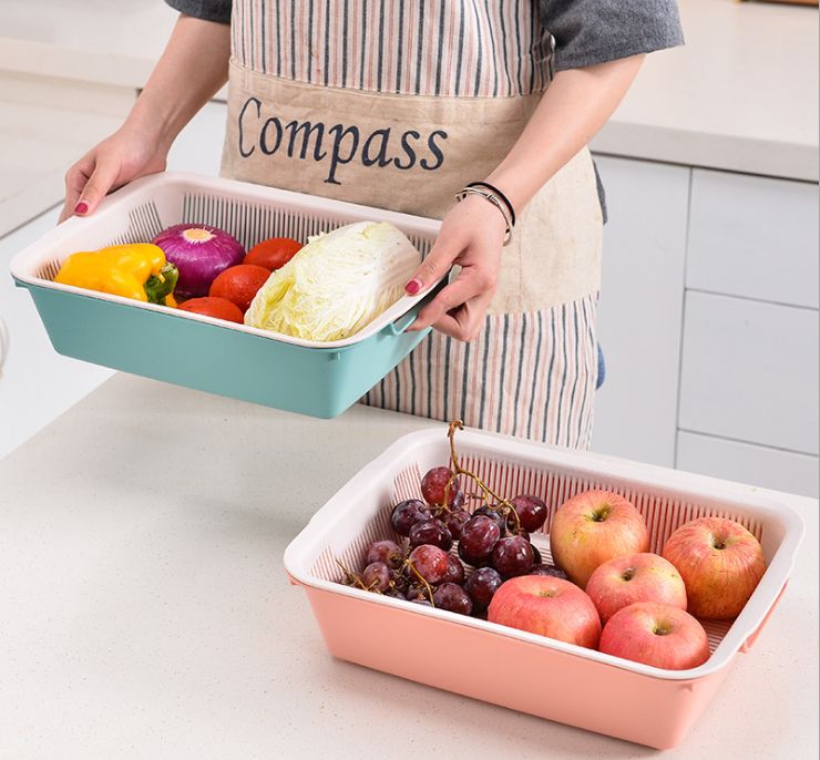 Practical double-layer fruit and vegetable draining basket, kitchen vegetable washing multi-functional draining basket, square home vegetable and fruit basket Item Picture