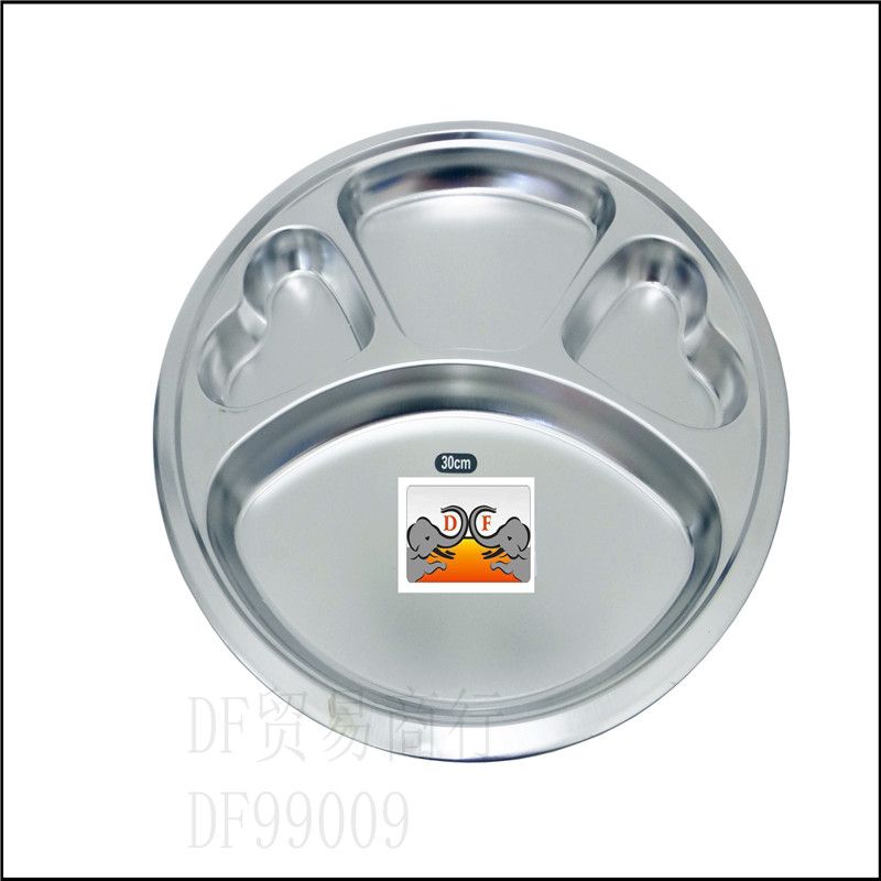 DF99009 Four grid fast food plate stainless steel Thai dinner plate Round fast food plate Love four grid plate School factory canteen food DF TRADING HOUSE