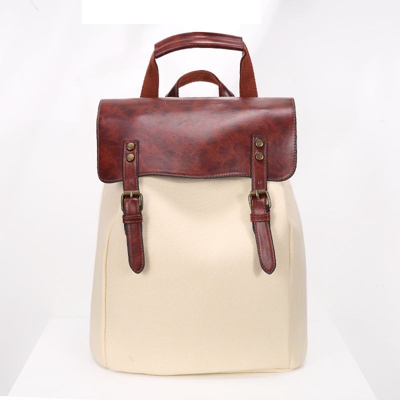 2019新品欧美流行风帆布配皮革休闲双肩包 外贸货源