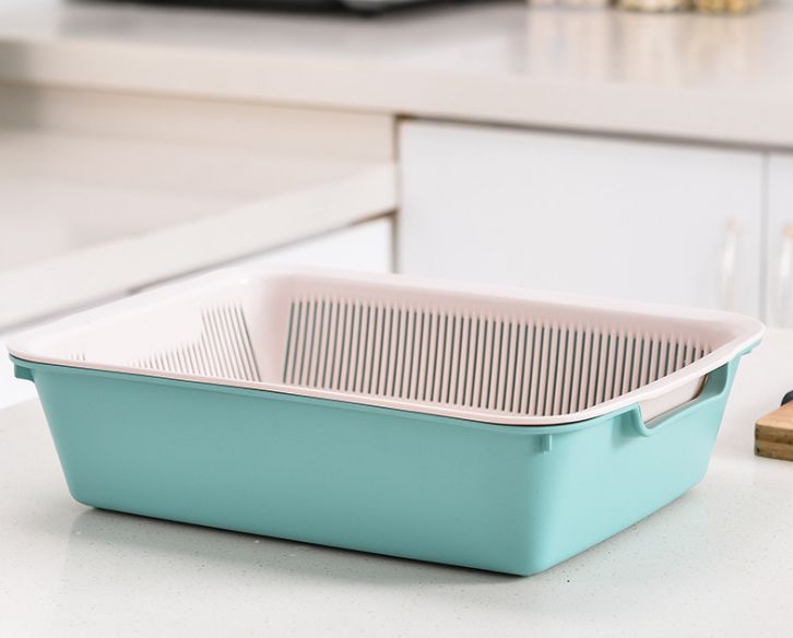 Practical double-layer fruit and vegetable draining basket, kitchen vegetable washing multi-functional draining basket, square home vegetable and fruit basket details Picture