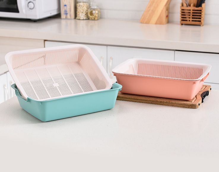 Practical double-layer fruit and vegetable draining basket, kitchen vegetable washing multi-functional draining basket, square home vegetable and fruit basket