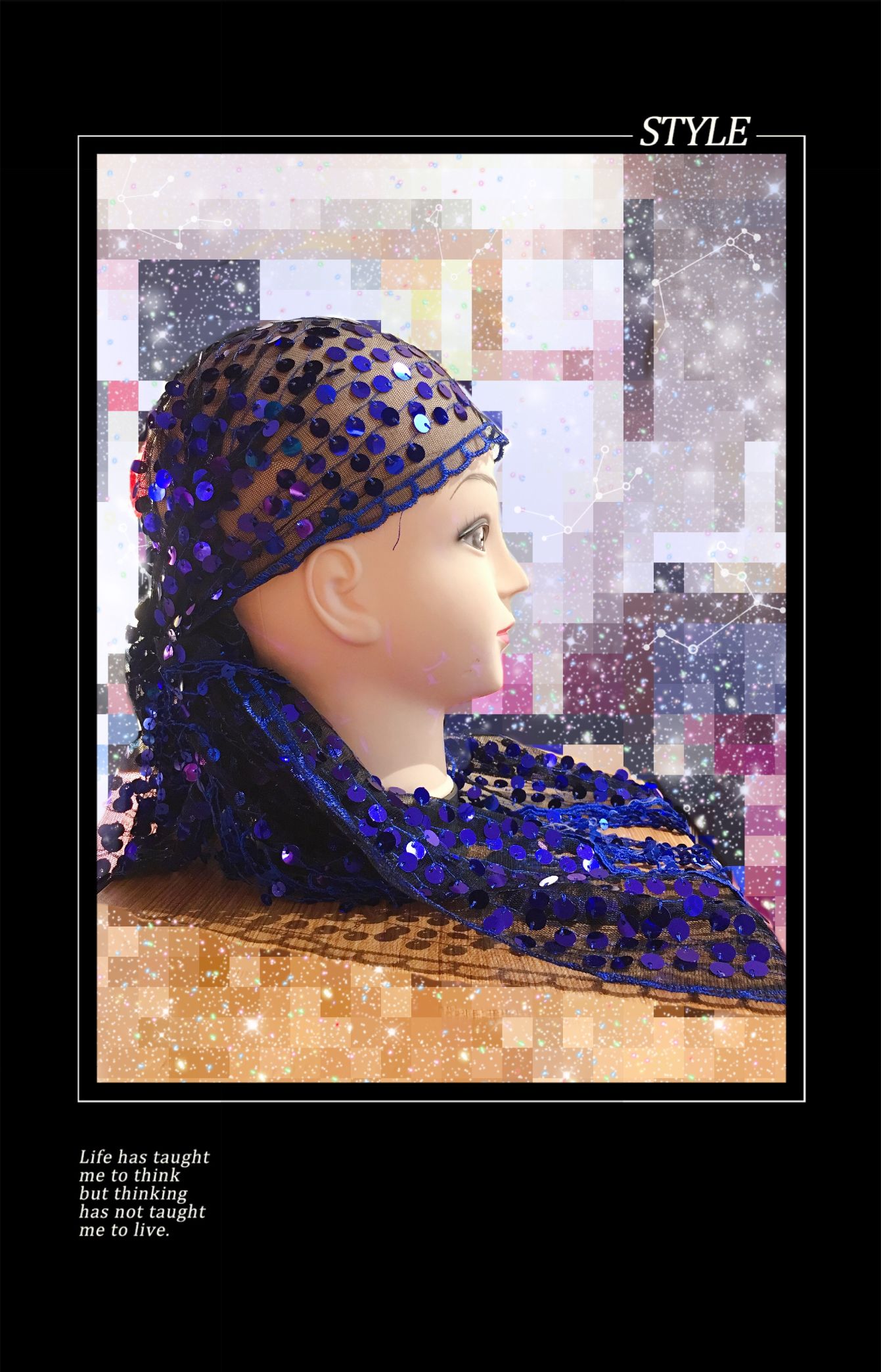 Black mesh royal blue sequin hat scarf shawl scarf