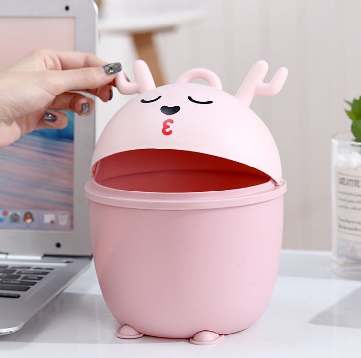 Compact desktop multi-functional trash can, cartoon deer cute storage bucket, sturdy and durable trash can Application Scenario