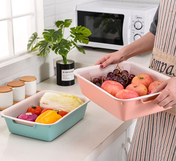 Practical double-layer fruit and vegetable draining basket, kitchen vegetable washing multi-functional draining basket, square home vegetable and fruit basket Specification image