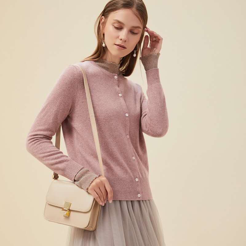 纯羊绒开衫春秋季新款女装简约纯色单排扣针织外套潮图