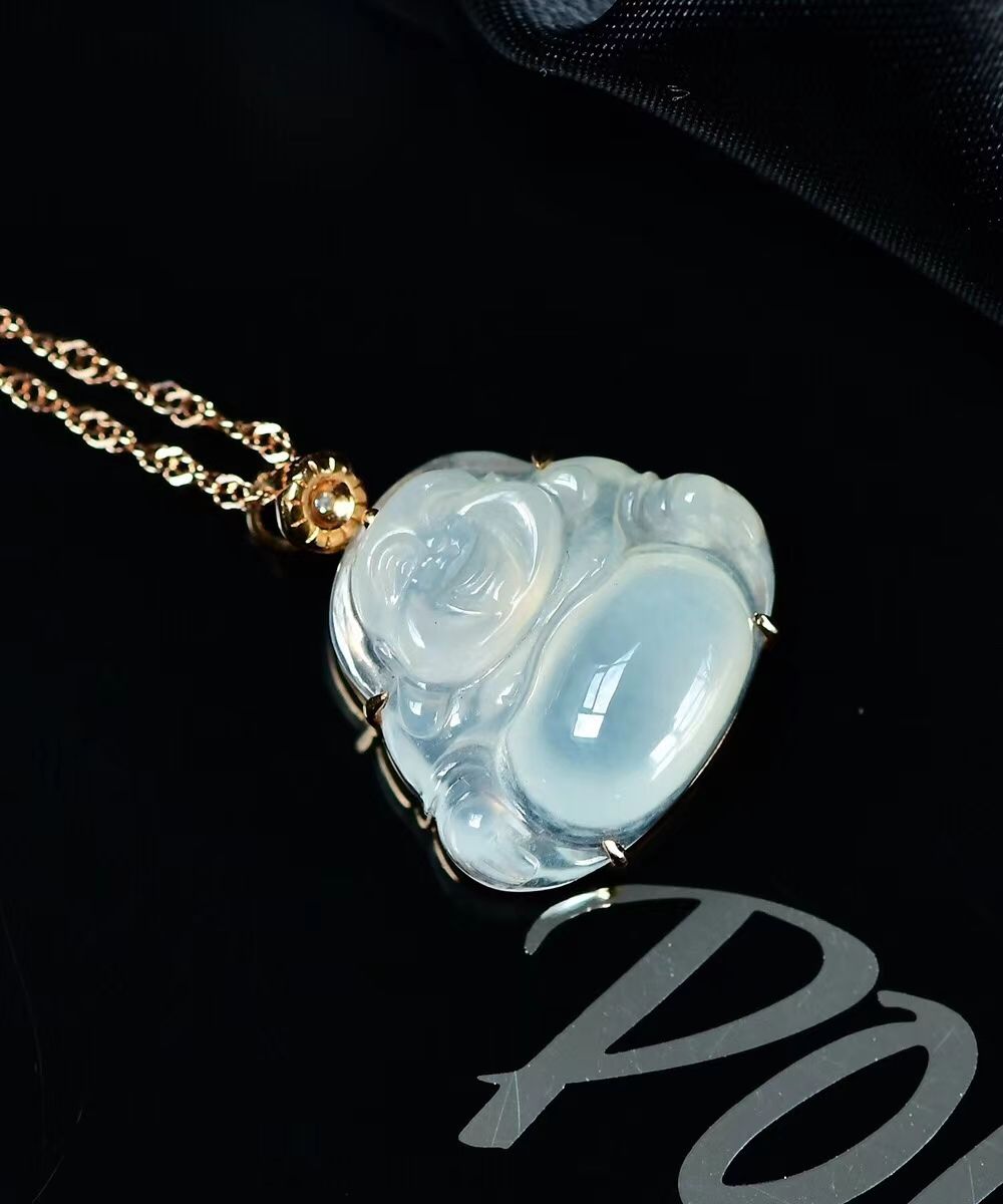 天然A货翡翠18K金镶嵌高冰佛公吊坠 精美雕刻色泽艳丽尺寸20*18*8