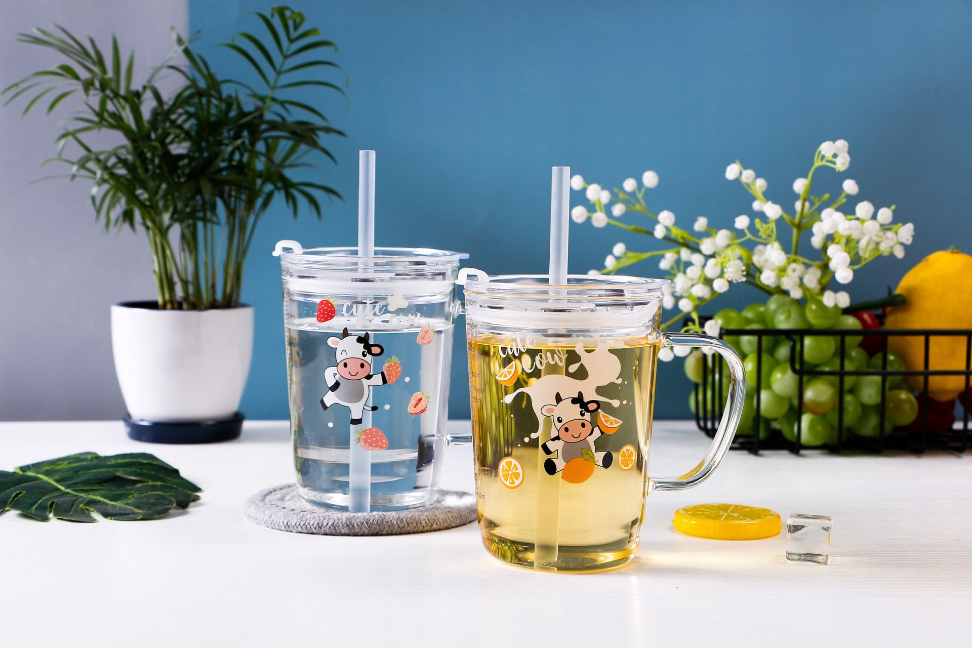 New fashionable cow straw glass cup, home water cup, cute children's milk cup, coffee breakfast milk tea, Nordic print cup Application Scenario
