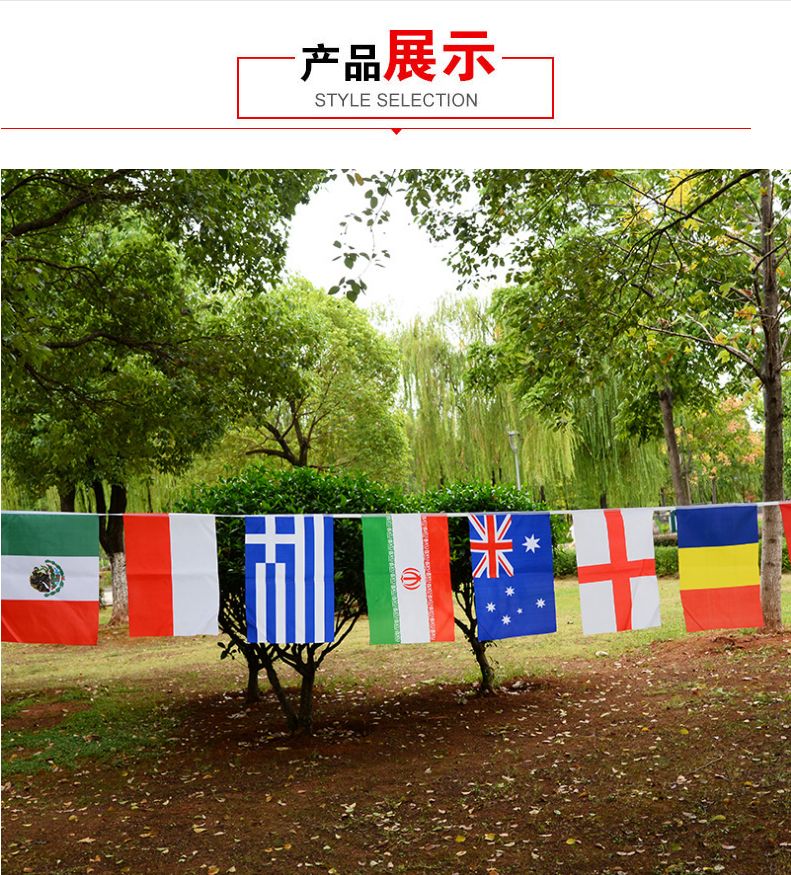 8号外国100面串旗规格是14*21厘米共100面各国旗帜串旗细节图