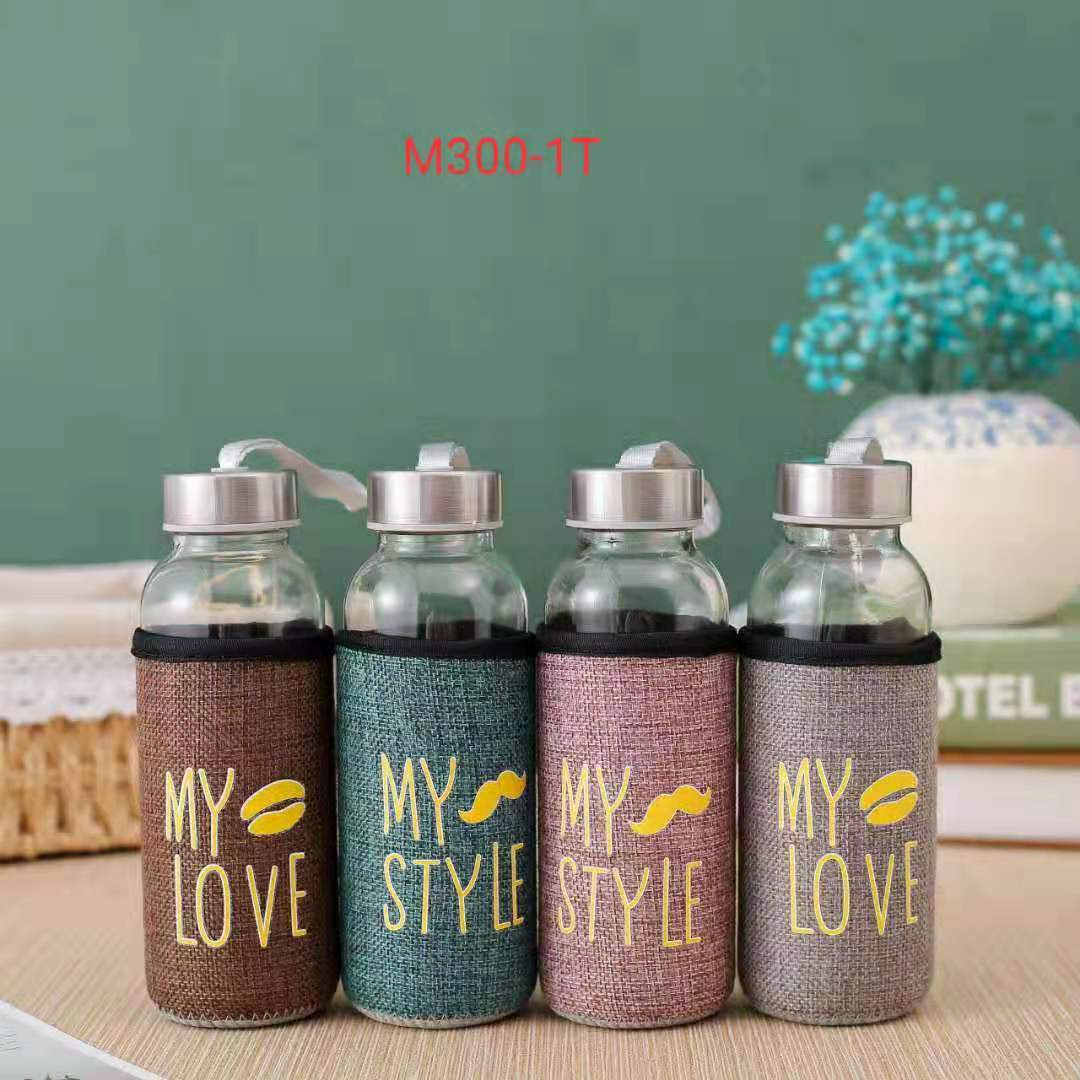 Portable single-layer water cup with linen cover, simple covered tea cup, heat-insulating and anti-drop glass cup, 300ml Specification image