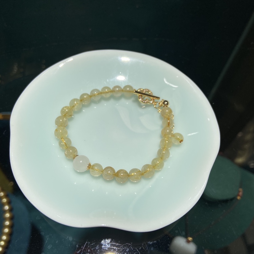 天然金发晶手链 搭配和田玉 可调节四叶草扣