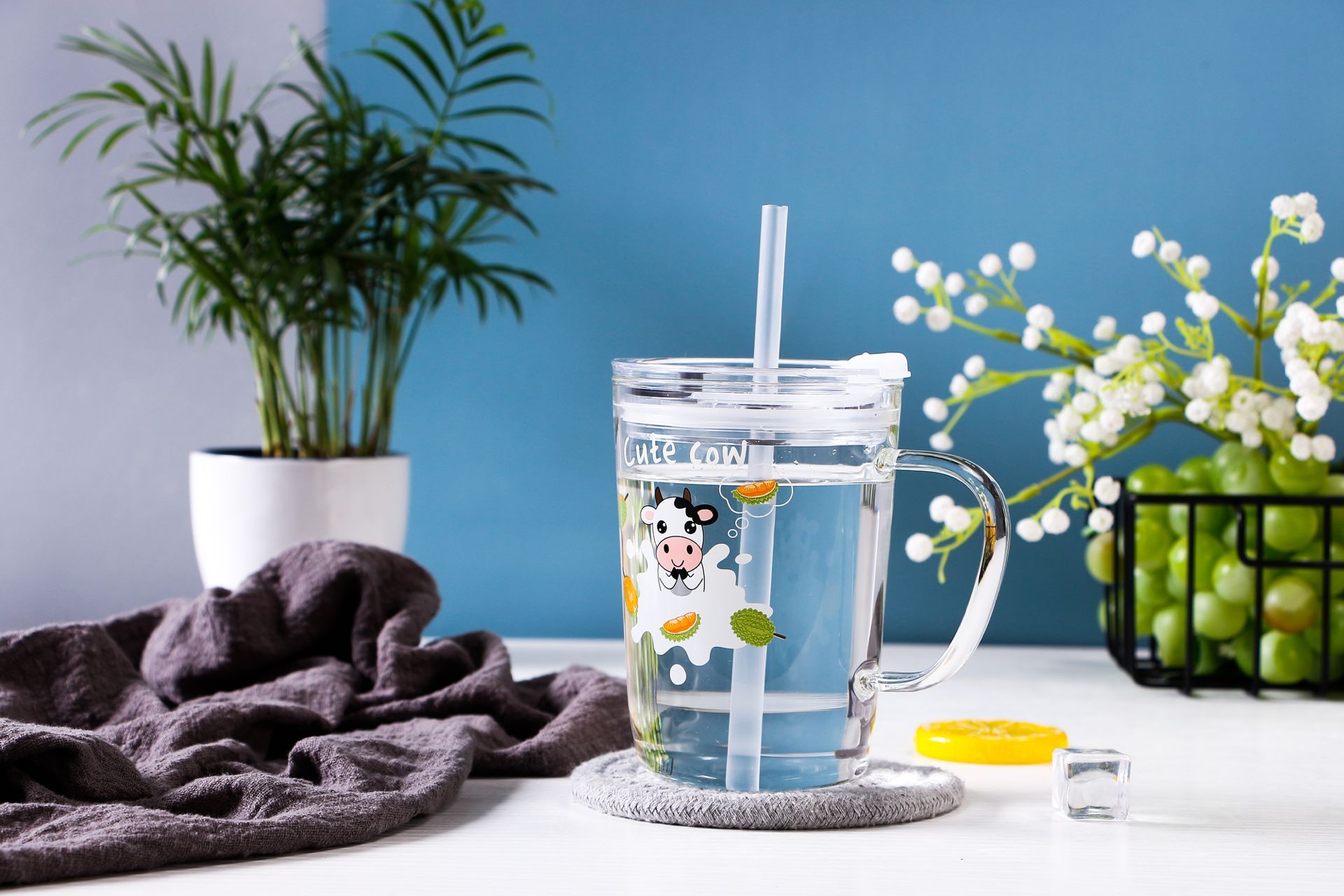 New fashionable cow straw glass cup, home water cup, cute children's milk cup, coffee breakfast milk tea, Nordic print cup details Picture