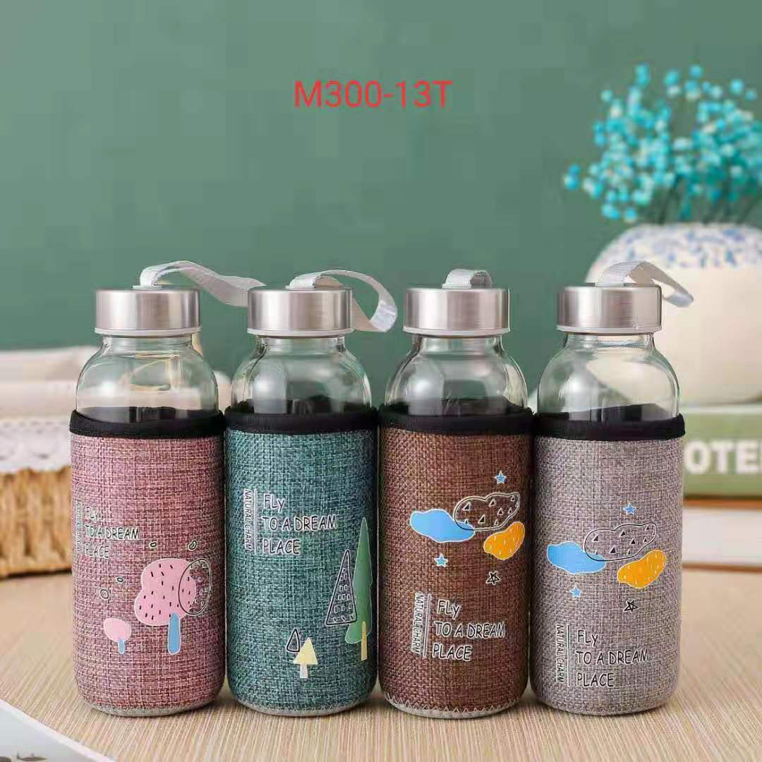Portable single-layer water cup with linen cover, simple covered tea cup, heat-insulating and anti-drop glass cup, 300ml Item Picture