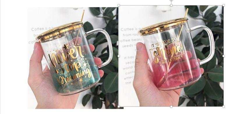 New fashionable gradient colored glass cups, high borosilicate glass household water cups, boys' and girls' student water cups, milk cups, coffee breakfast milk tea printed cups, large quantity, can support custom logos details Picture