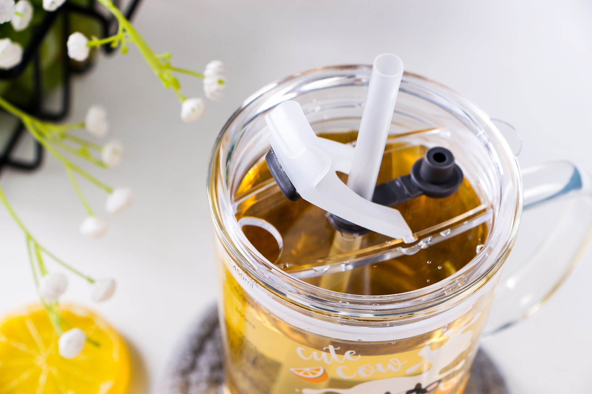 New fashionable cow straw glass cup, home water cup, cute children's milk cup, coffee breakfast milk tea, Nordic print cup Specification image